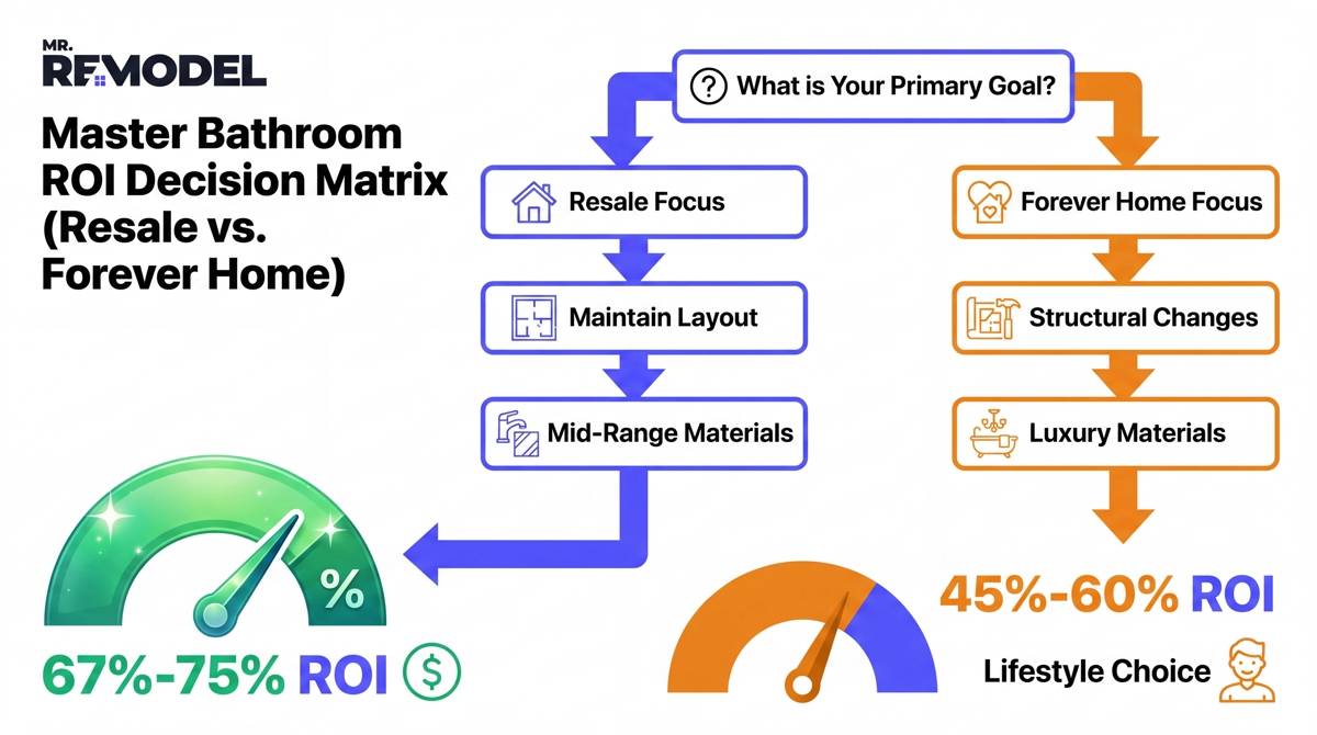 A logic tree infographic helping homeowners decide between a mid-range master bathroom renovation for high resale ROI or a high-end custom build as a lifestyle investment.